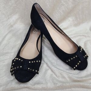 VINCE CAMUTO Annaley Black Suede Studded Bow Ballet Flats Sz 7.5 FLAW